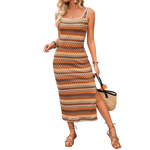 2/$40 Boho Aztec Print Sleeveless Midi Long Dress Side Slit Summer Casual Style - Picture 7 of 8